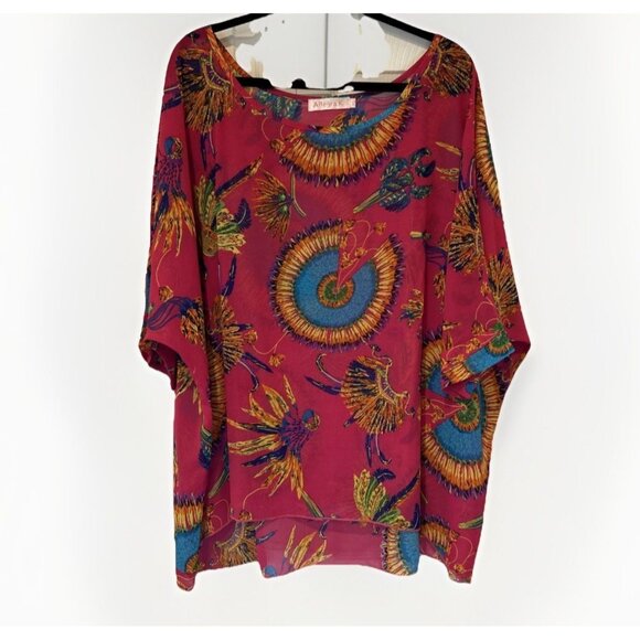 ALLEGRA K Womens Kimono Tunic XL Chiffon Tribal Pink Feathers Festival - Picture 1 of 6